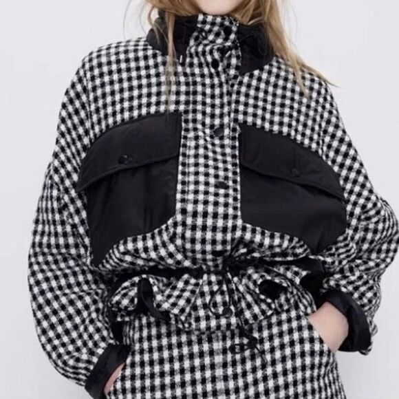 Zara Checkered Tweed Bomber Jacket Oversized Relaxed Boxy Size Medium Streetwear - Picture 1 of 15